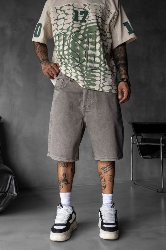 Loose Fit Denim Shorts Khaki